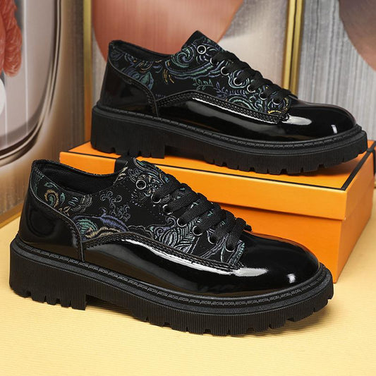 Trendy embroidered breathable thick-soled lace-up casual men's leather shoes