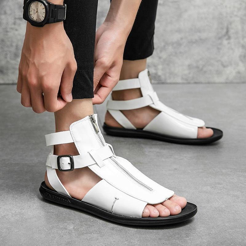 Trendy men's high-top buckle zippered leather sandals