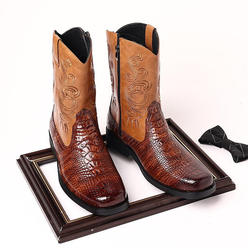 Stylish vintage zipper cowhide western cowboy boots