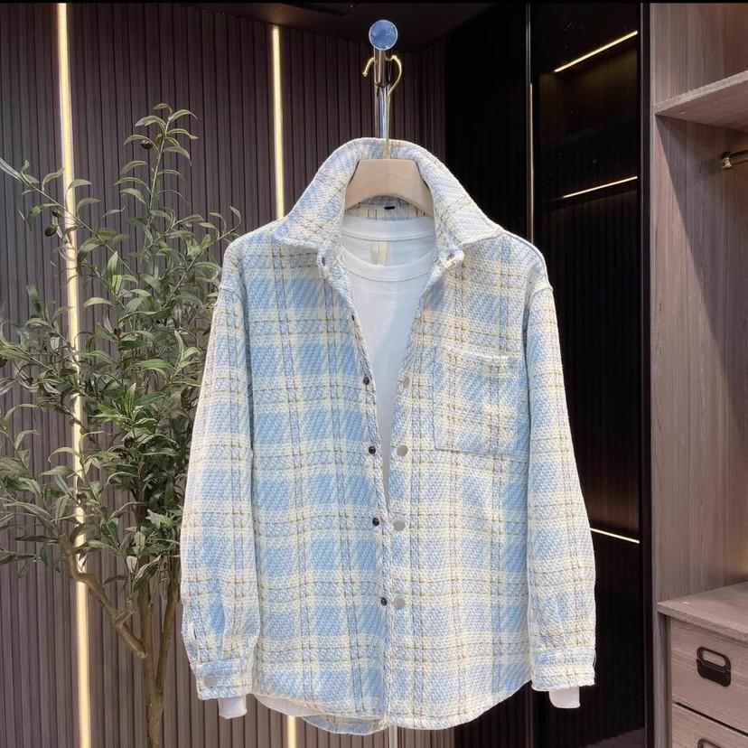 Trendy knitted plaid shirt jacket