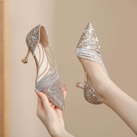 New shiny sequin shallow pointed toe women's shoes