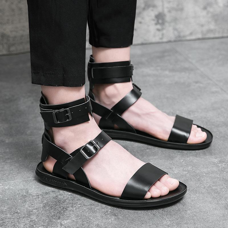 Trendy men's high-top buckle leather sandals