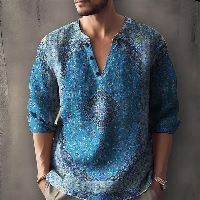 Trendy printed stand collar men's casual shirt