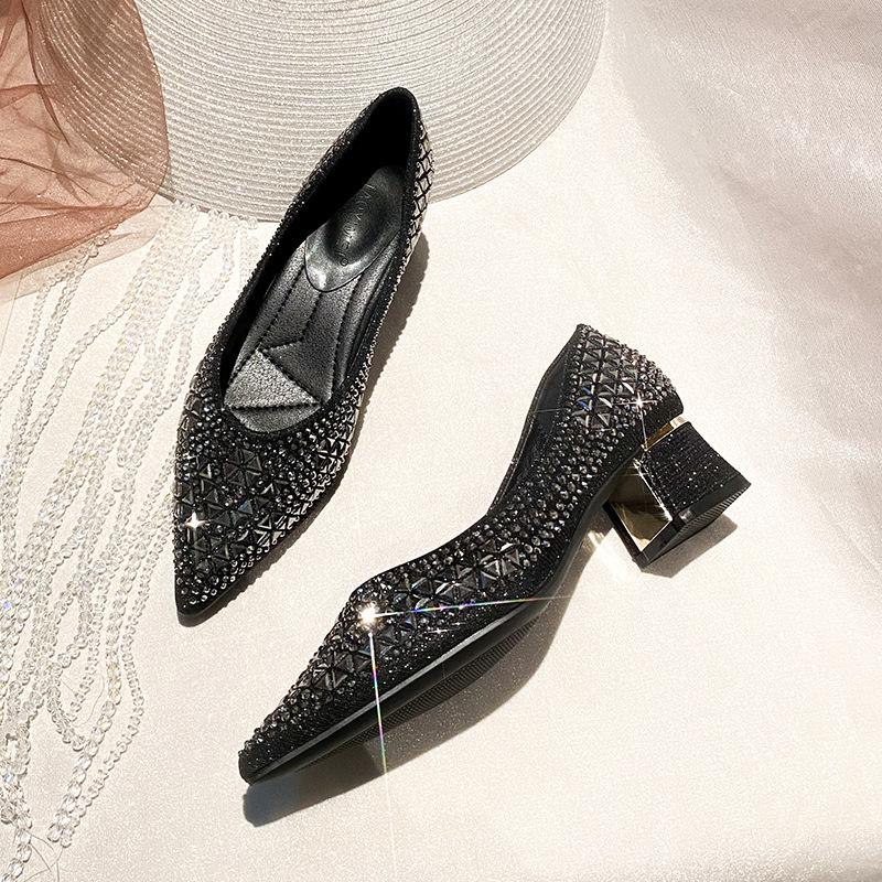 Stylish new rhinestone pointed-toe block-heeled casual leather shoes