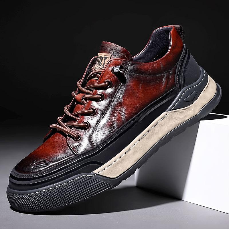 Trendy hand-scratch pattern sports men's genuine leather casual shoes