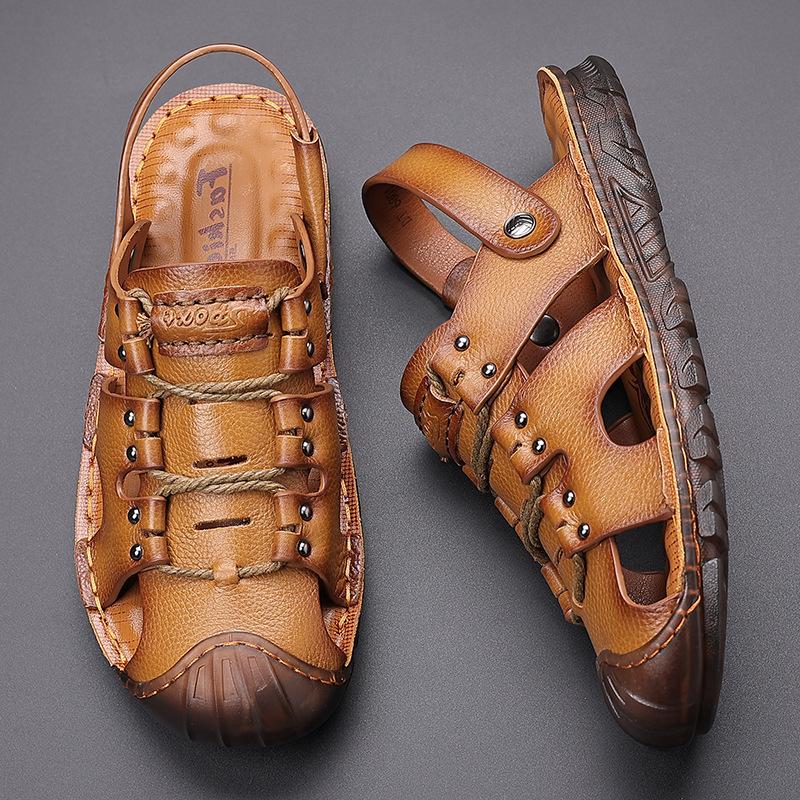 Trendy outdoor genuine leather non-slip casual men's beach sandals