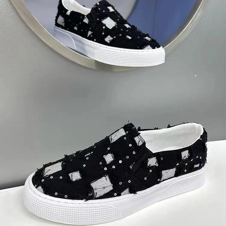 Trendy breathable fabric ripped sequin comfortable sneakers