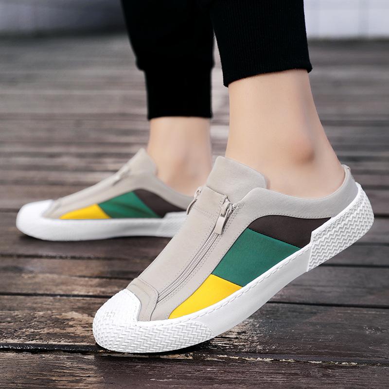 Stylish color-blocked slip-on non-slip half-heeled canvas shoes