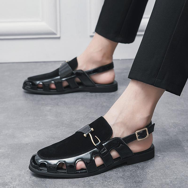 Stylish buckle breathable cut-out men's leather sandals