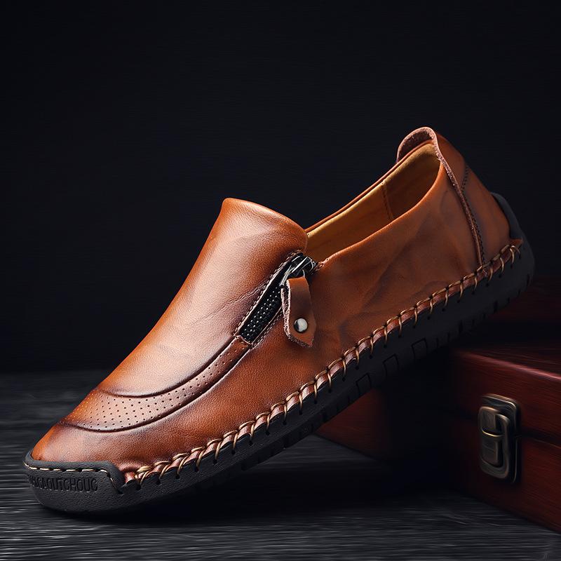 Trendy zipper cowhide men's casual leather shoes