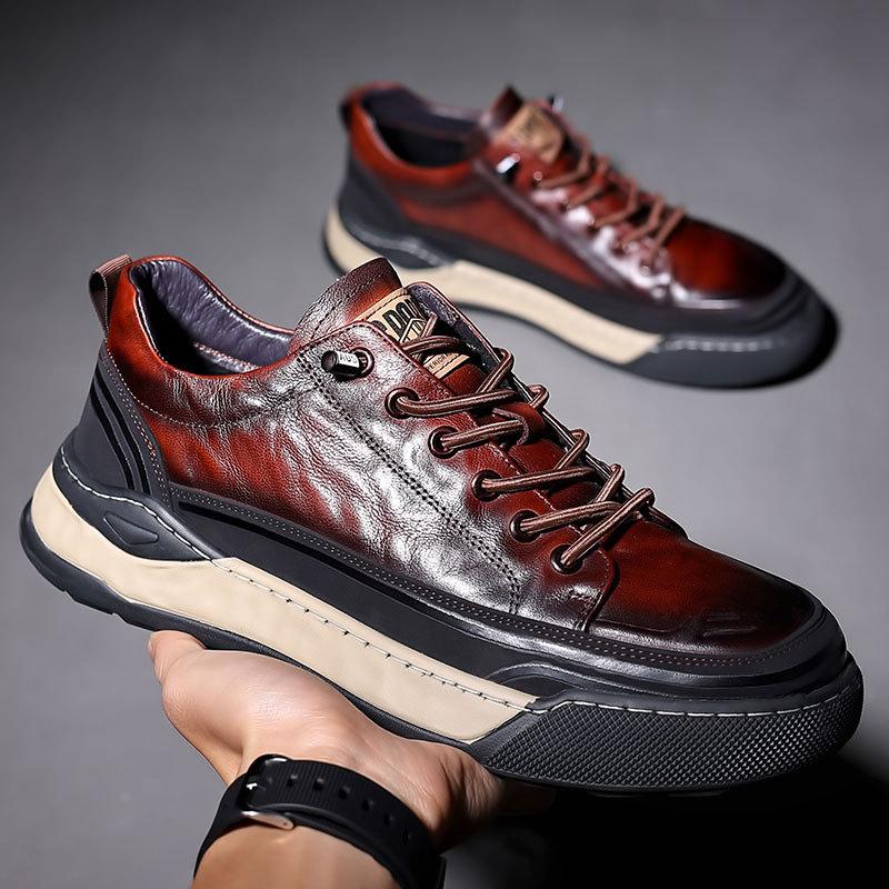 Trendy hand-scratch pattern sports men's genuine leather casual shoes