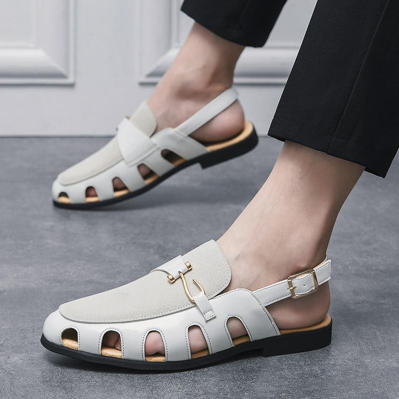 Stylish buckle breathable cut-out men's leather sandals