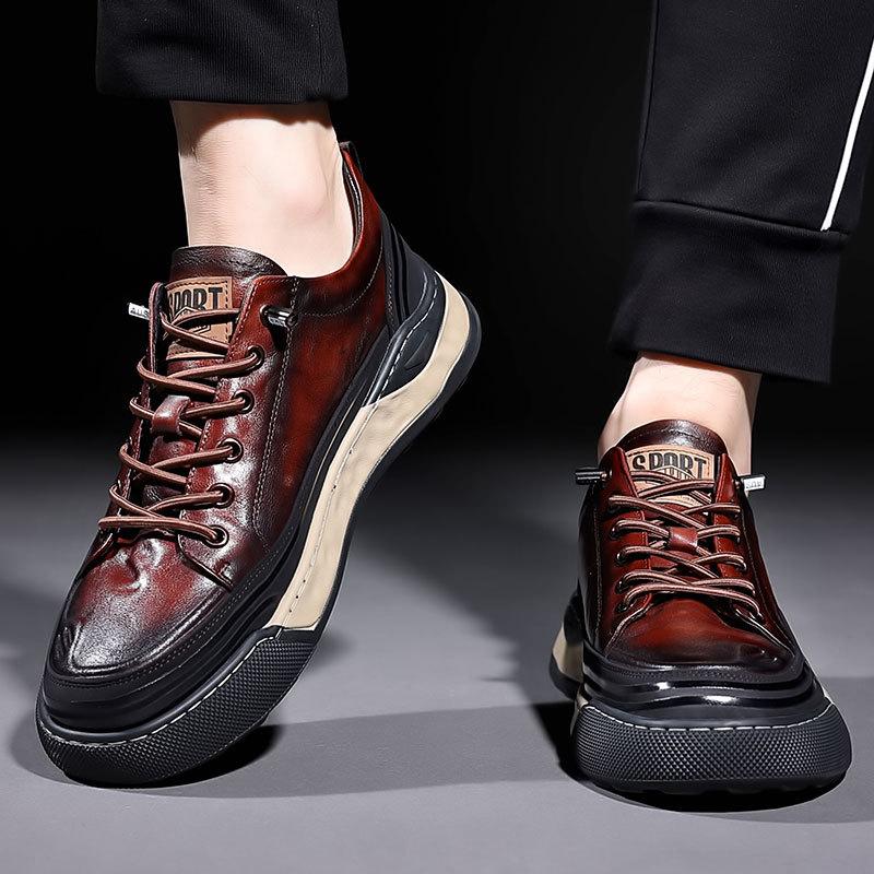 Trendy hand-scratch pattern sports men's genuine leather casual shoes