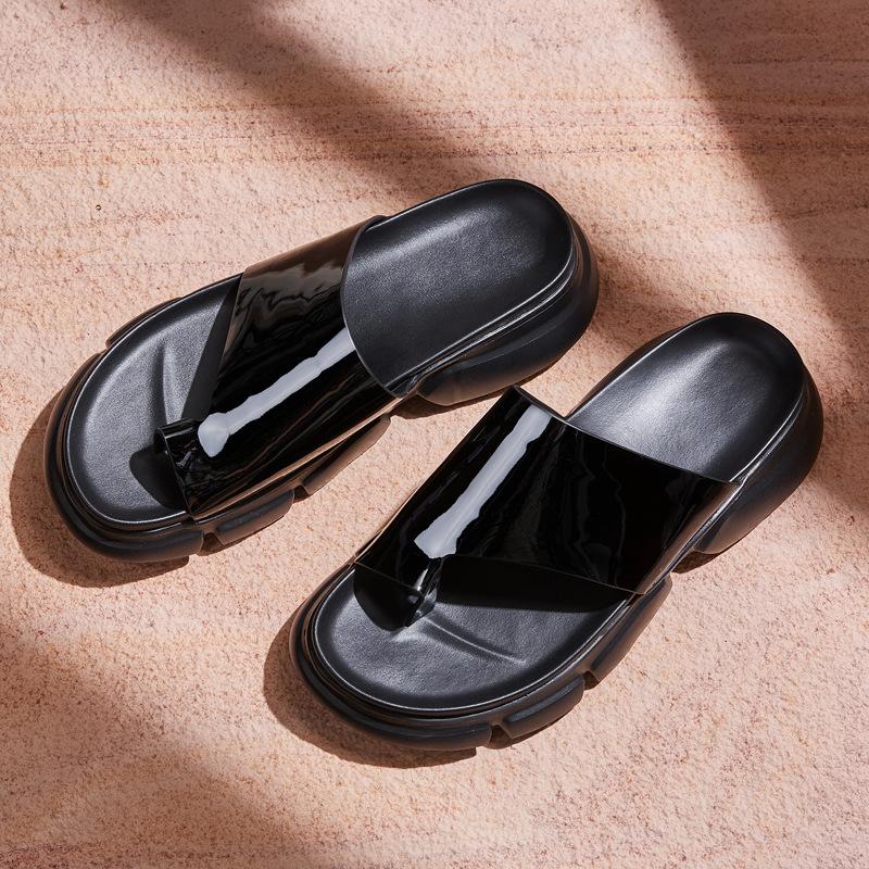 Stylish glossy leather men's platform height slippers