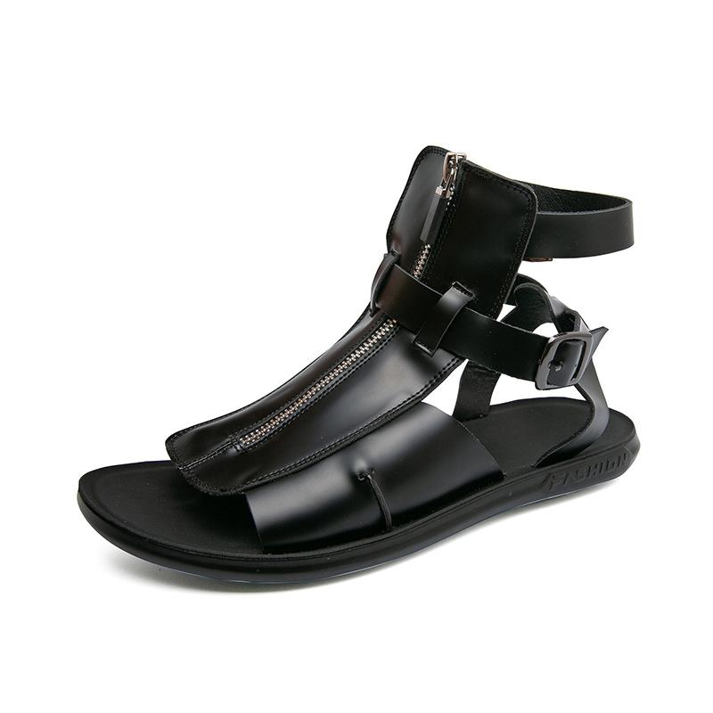 Trendy men's high-top buckle zippered leather sandals