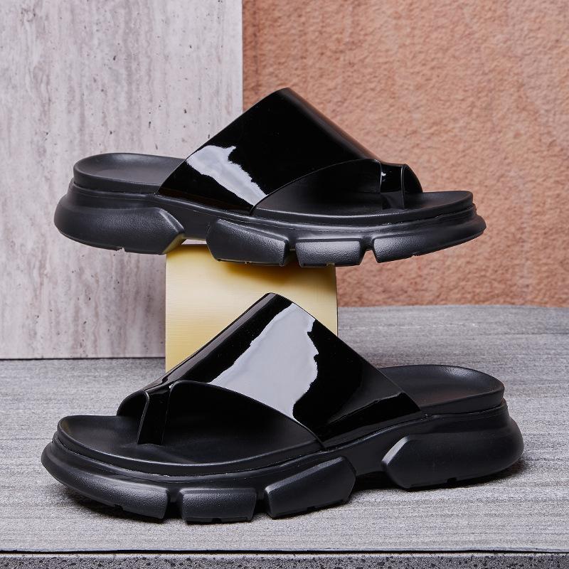 Stylish glossy leather men's platform height slippers