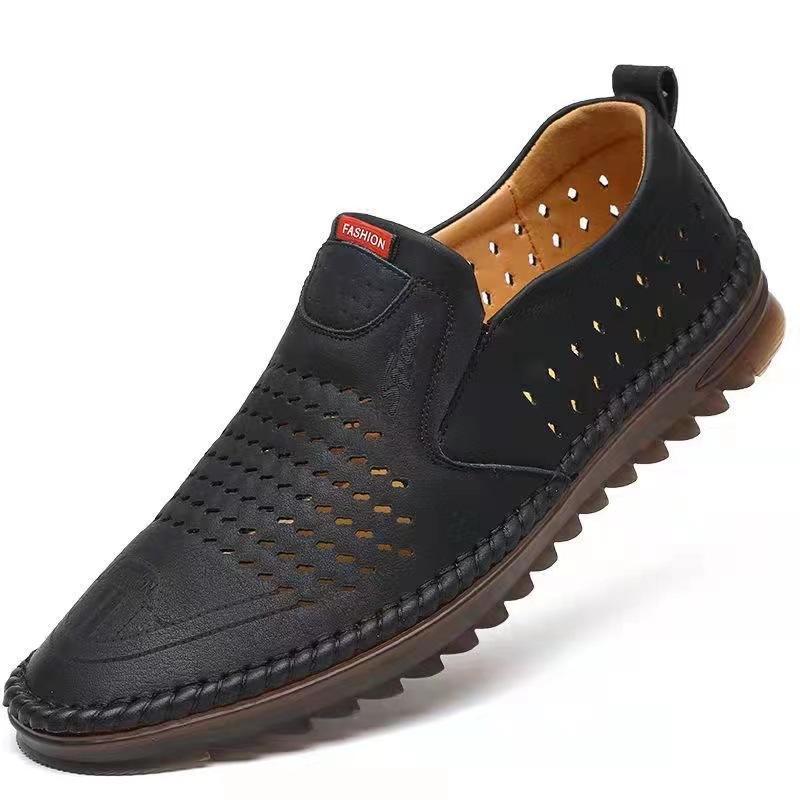 Trendy hollow breathable soft sole non-slip men's leather shoes