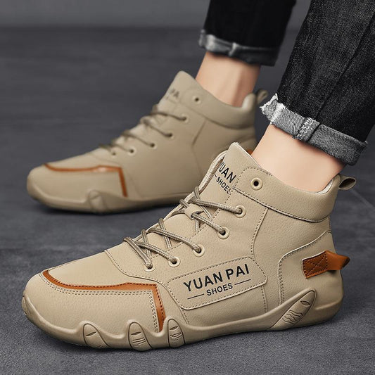 Stylish leather waterproof high-top tie non-slip wear-resistant casual work versatile men's sneakers