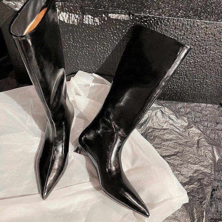 Stylish silver pointed toe low heel high boots