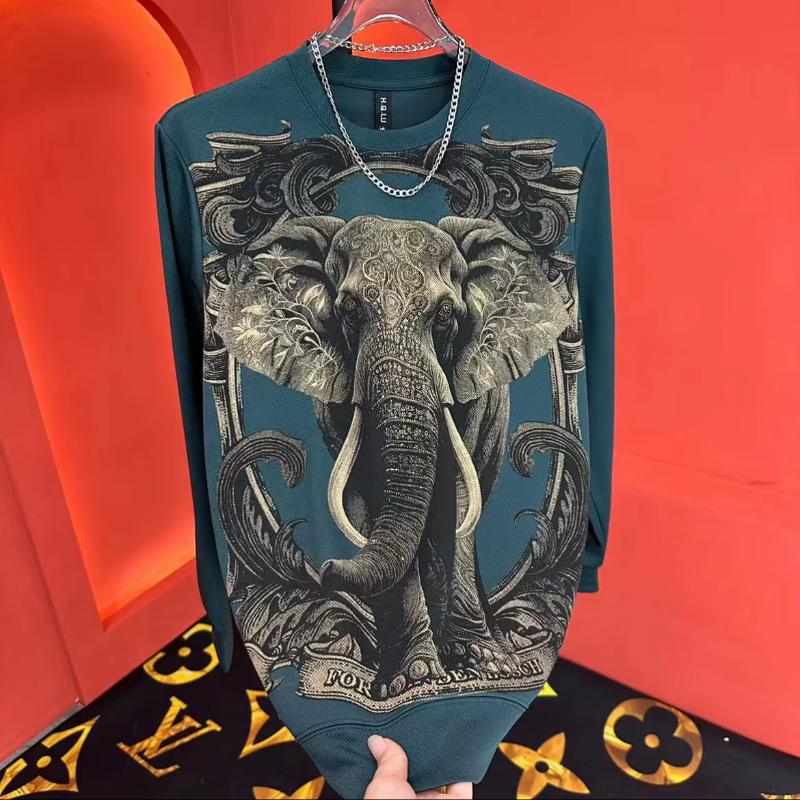 Trendy Elephant Print Sparkling Diamond Round Neck Long Sleeve Sweatshirt