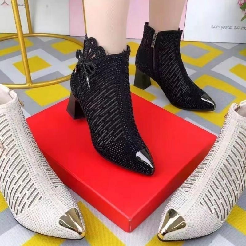 Women's pointed toe bow block heel mesh openwork shoes