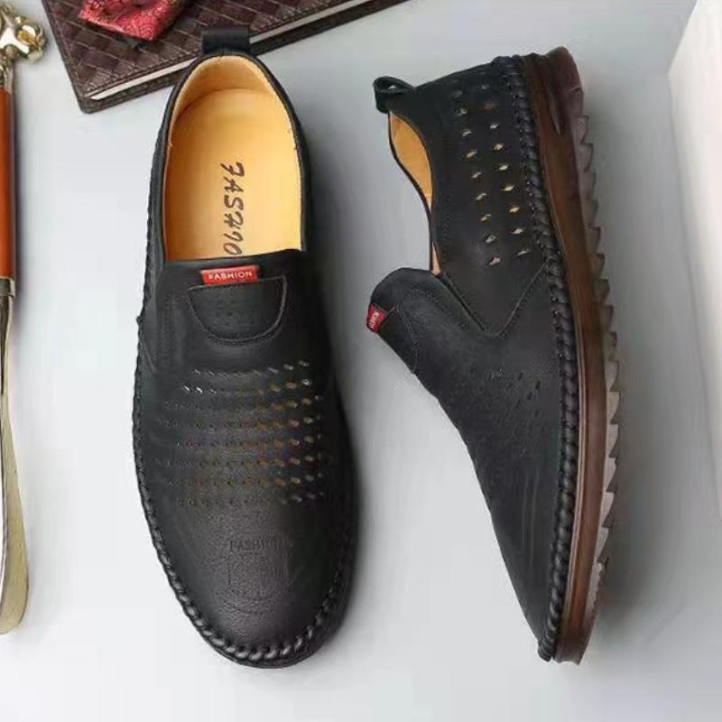 Trendy hollow breathable soft sole non-slip men's leather shoes