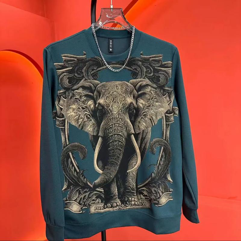 Trendy Elephant Print Sparkling Diamond Round Neck Long Sleeve Sweatshirt