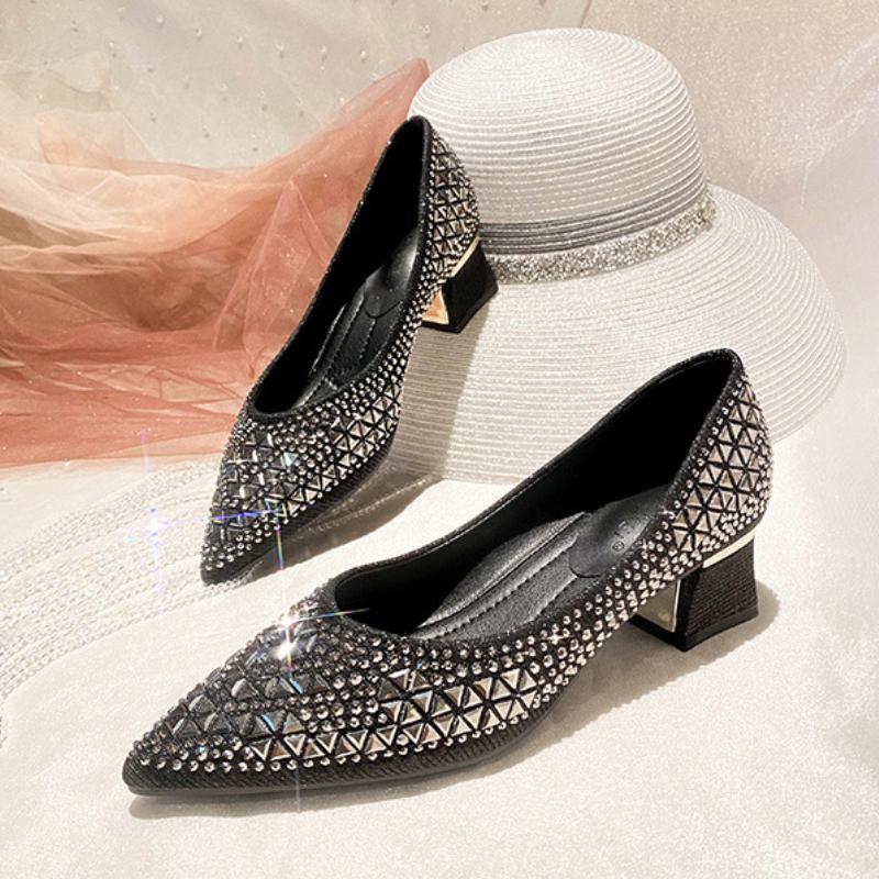 Stylish new rhinestone pointed-toe block-heeled casual leather shoes