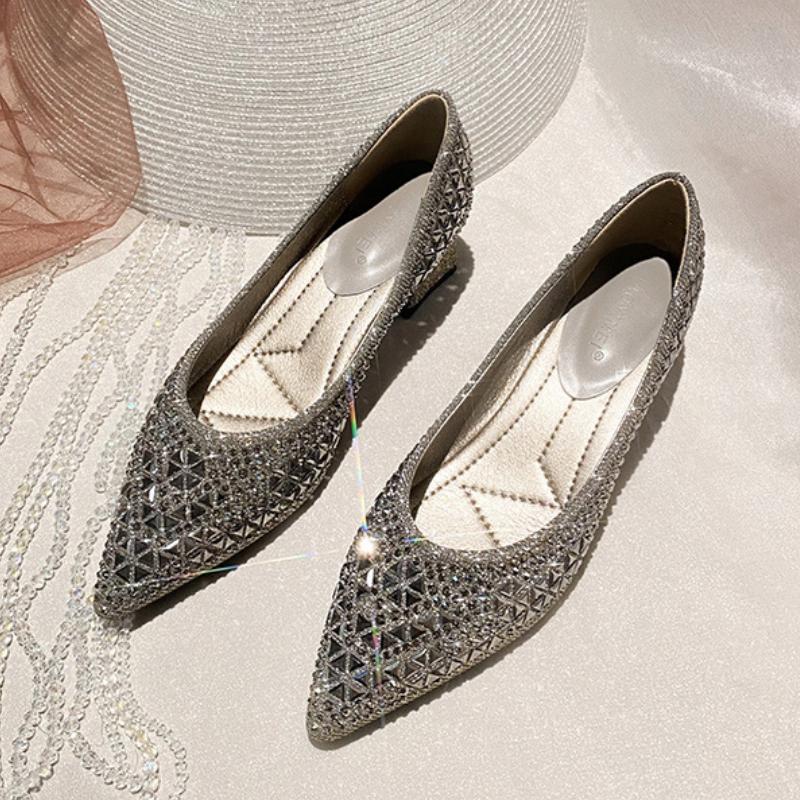 Stylish new rhinestone pointed-toe block-heeled casual leather shoes