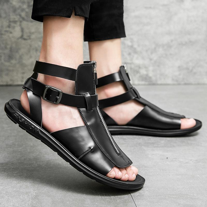 Trendy men's high-top buckle zippered leather sandals