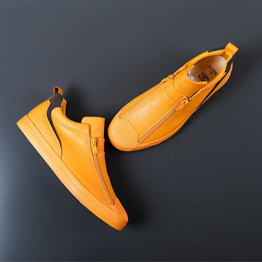 Trendy double zipper genuine leather men's casual shoes