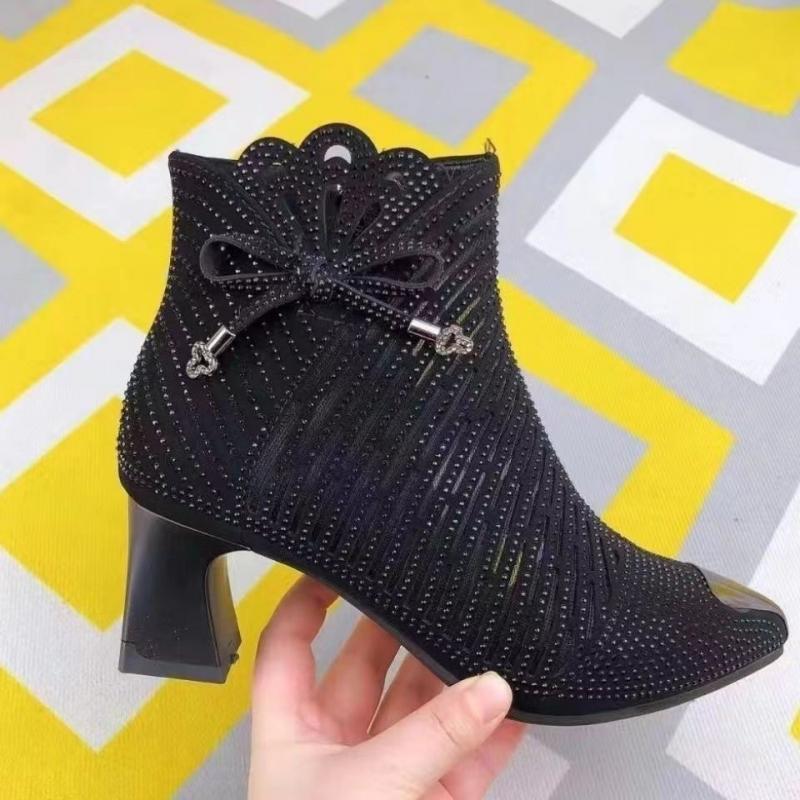 Women's pointed toe bow block heel mesh openwork shoes