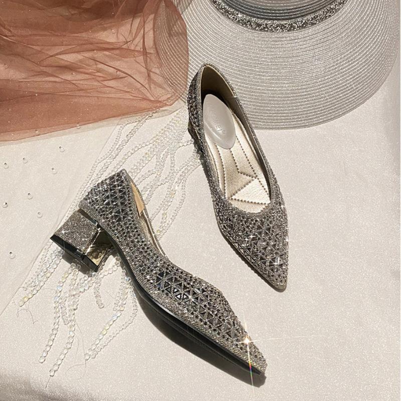 Stylish new rhinestone pointed-toe block-heeled casual leather shoes