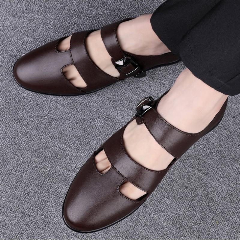 Trendy hollow breathable buckle men's casual leather sandals