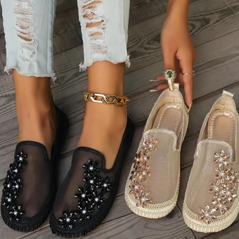 Stylish flower rhinestone casual breathable mesh slip-on shoes