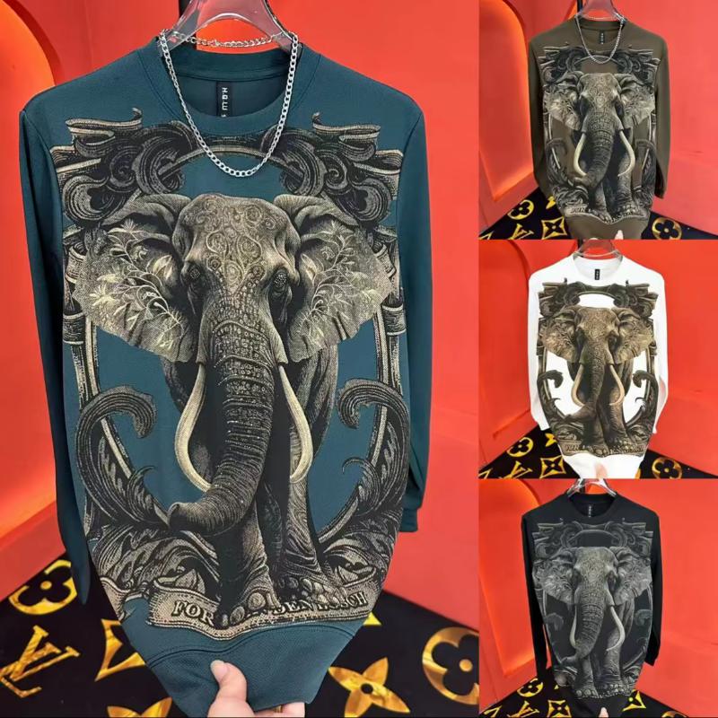 Trendy Elephant Print Sparkling Diamond Round Neck Long Sleeve Sweatshirt