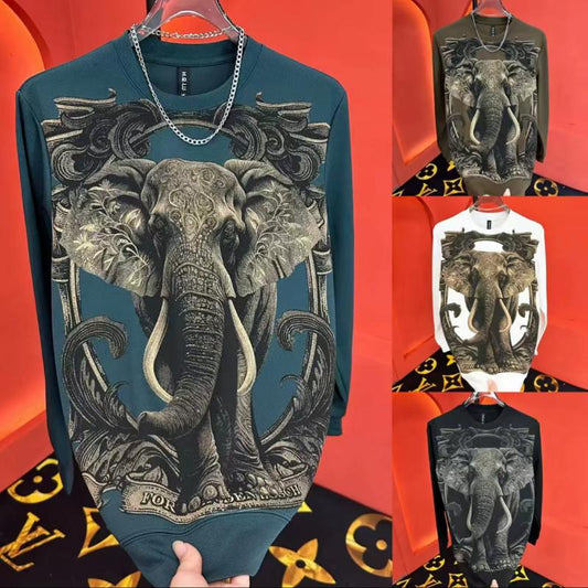 Trendy Elephant Print Sparkling Diamond Round Neck Long Sleeve Sweatshirt