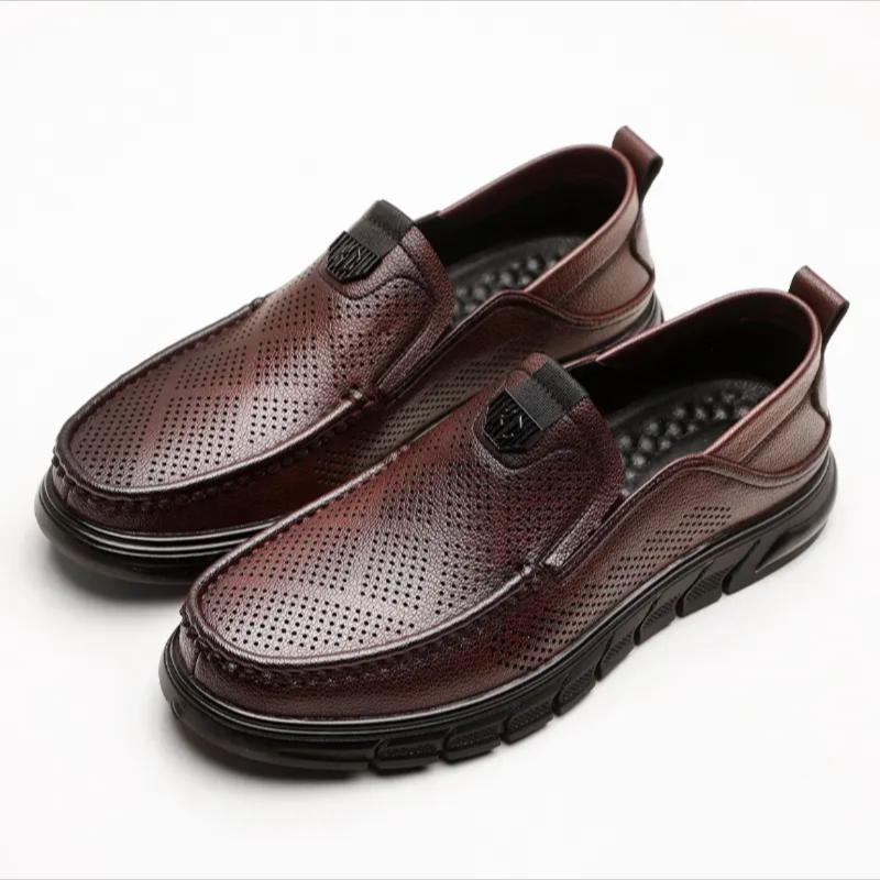 Men's hollow soft leather breathable non-slip comfortable slip-on leather shoes