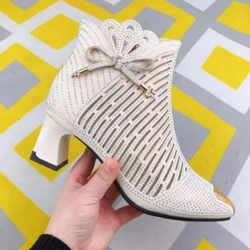 Women's pointed toe bow block heel mesh openwork shoes