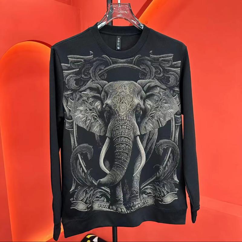 Trendy Elephant Print Sparkling Diamond Round Neck Long Sleeve Sweatshirt