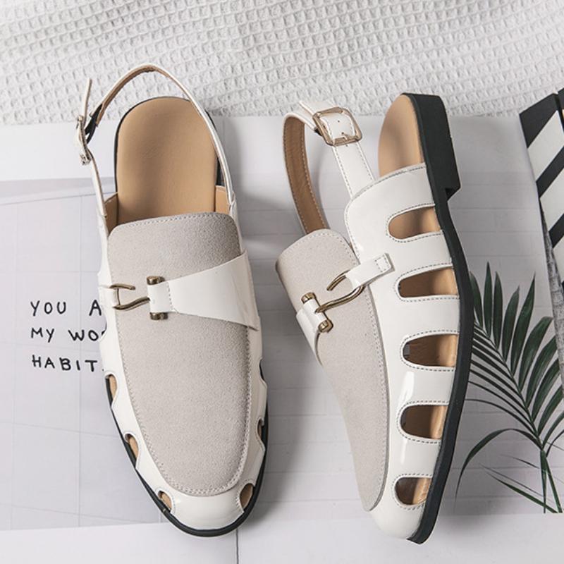 Stylish buckle breathable cut-out men's leather sandals