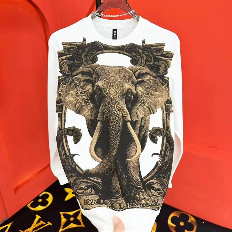 Trendy Elephant Print Sparkling Diamond Round Neck Long Sleeve Sweatshirt