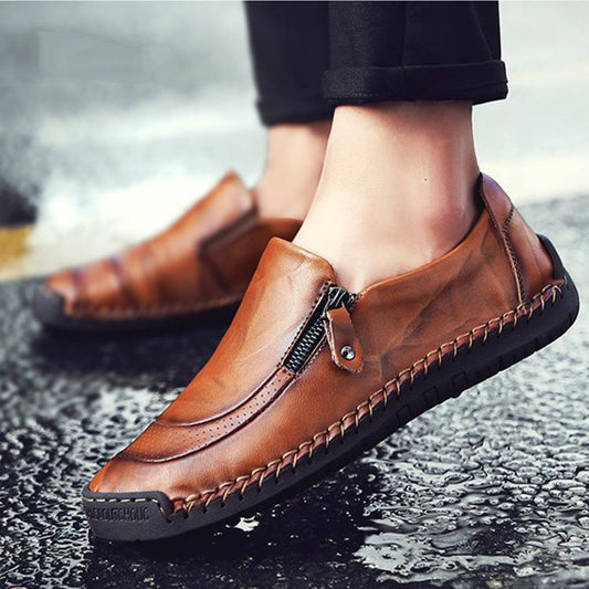 Trendy zipper cowhide men's casual leather shoes