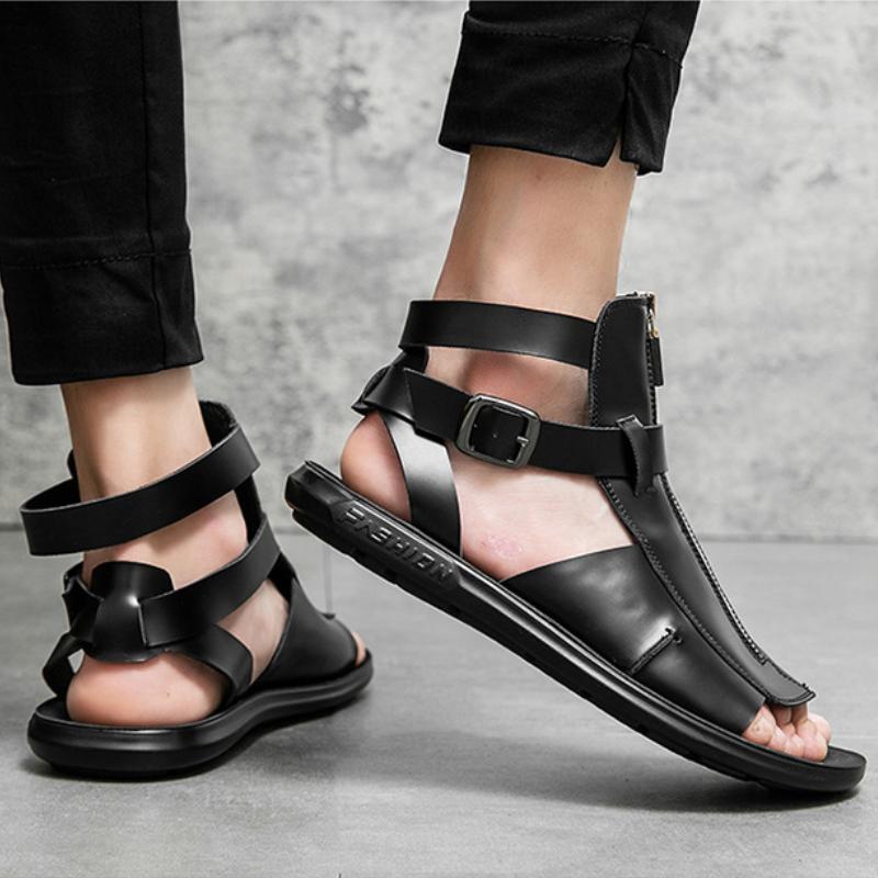 Trendy men's high-top buckle zippered leather sandals